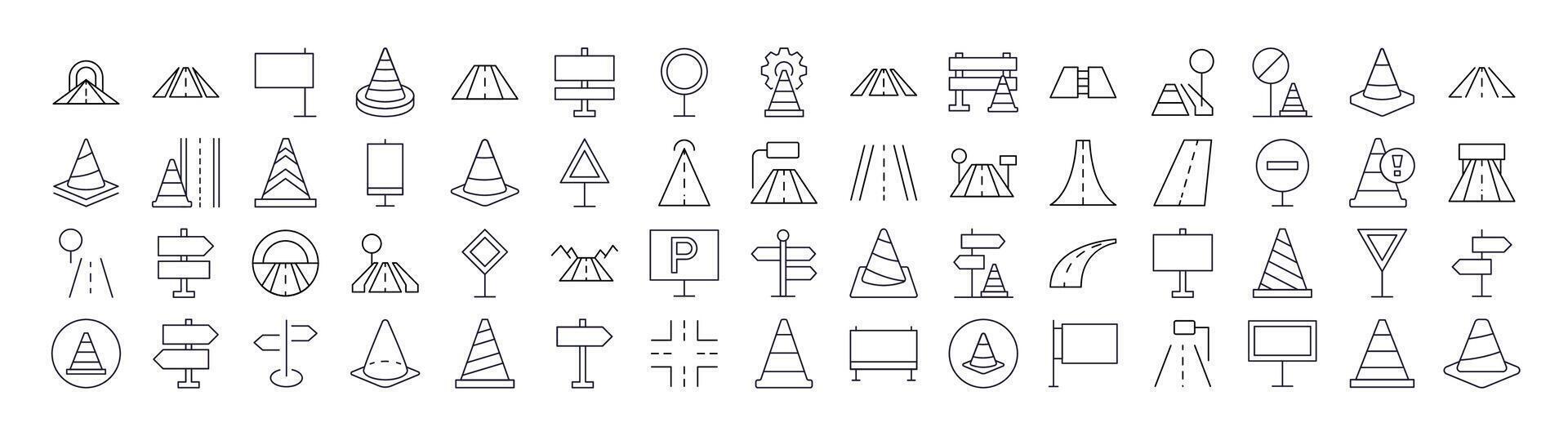 Road, Path, Traffic Cone Line Icon Bundle. Outline Signs for Graphic and Web Design, Apps, Adverts, Various Cards vector