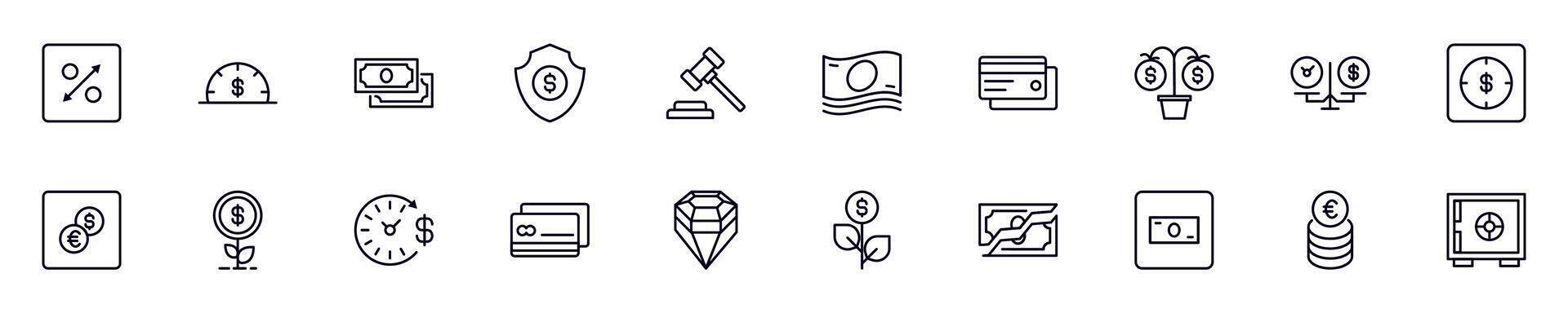 Money, finance, economy outline icons drawn with black thin line. Editable stroke. Simple linear illustration that can be used as a design element for apps and websites vector