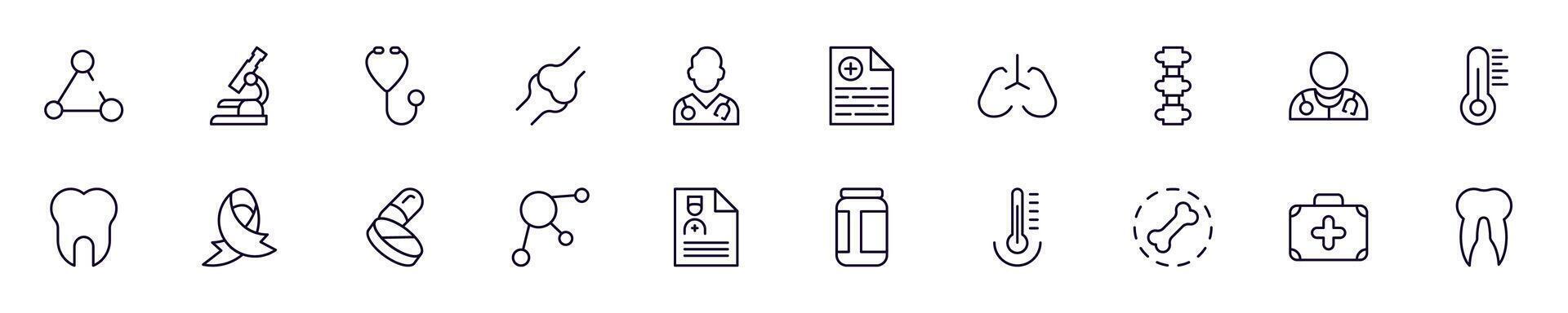 Medicine and healthcare thin line icons set. Simple linear illustrations that suitable for apps, infographics, books, online shops and stores vector