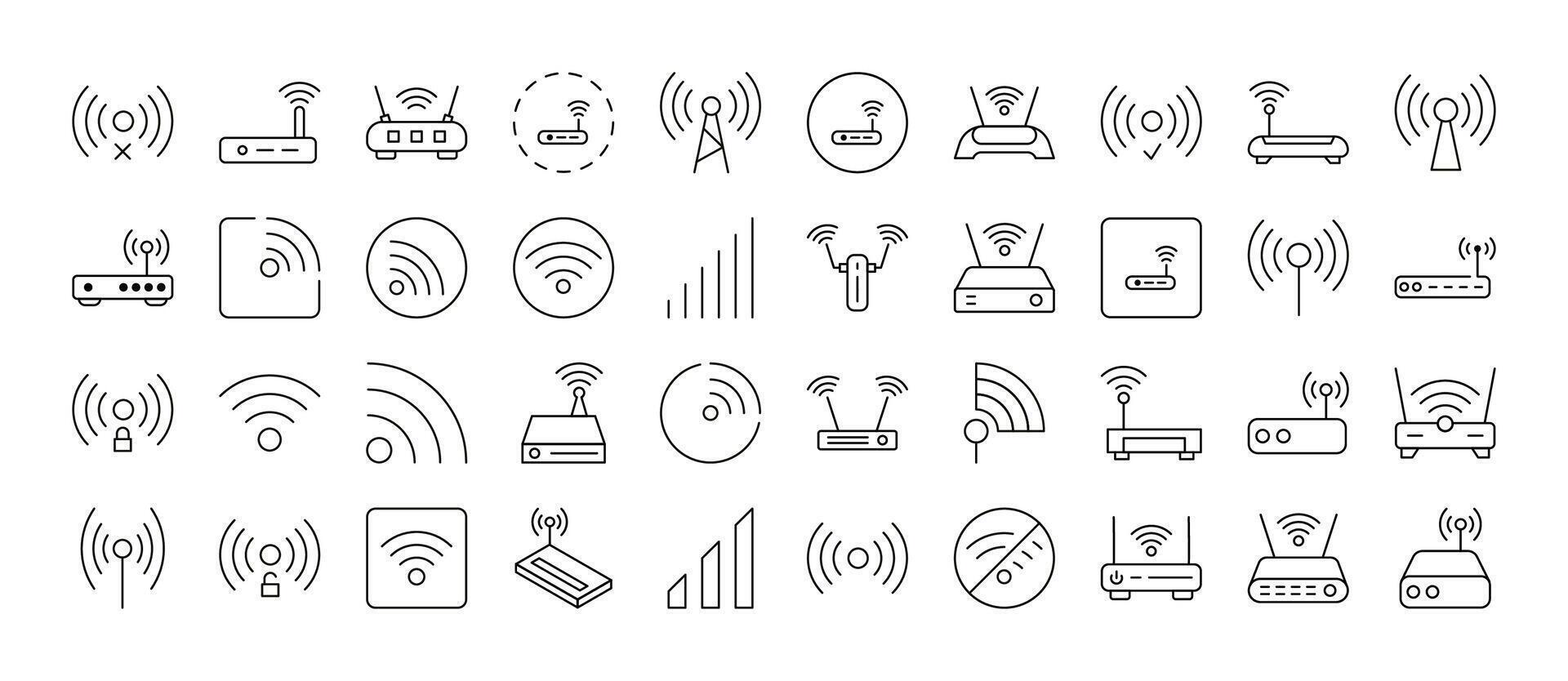 WiFi and Router Line Icon Collection. Outline Signs for Graphic and Web Design, Apps, Adverts, Various Cards vector