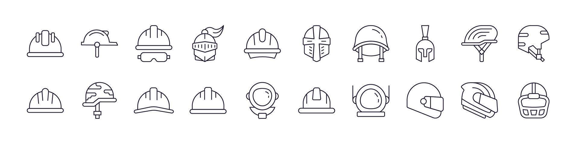 Helmet Line Icon Collection. Outline Signs for Graphic and Web Design, Apps, Adverts, Various Cards vector