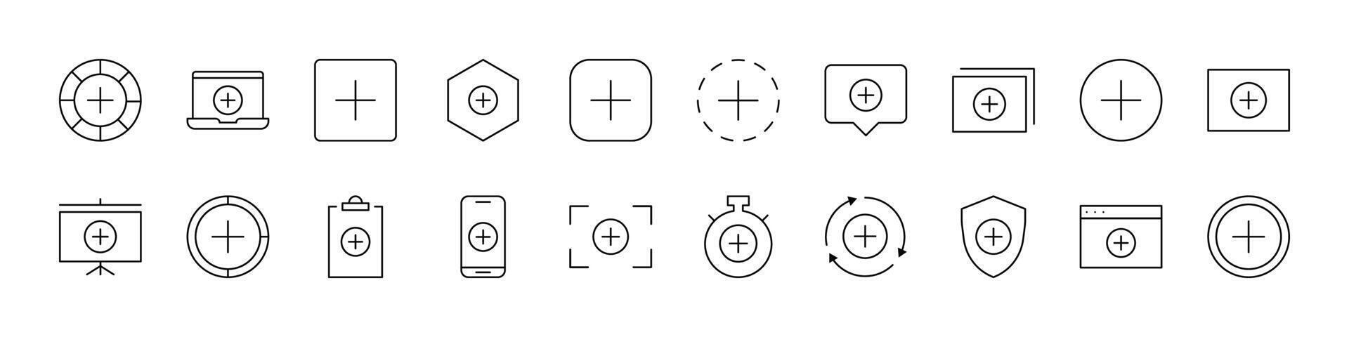 Plus Sign Thin Line Icon Set. Outline Signs for Graphic and Web Design, Apps, Adverts, Various Cards vector