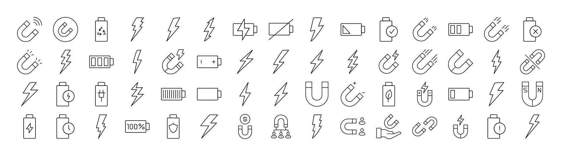 Magnet, Battery, Lightning Line Icon Pack. Outline Signs for Graphic and Web Design, Apps, Adverts, Various Cards vector
