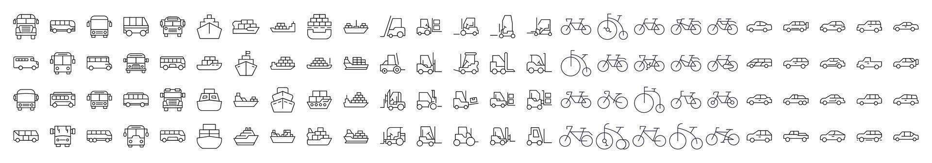 Bus, Ship, Tractor, Bicycle, Car Outline Simple Linear Image Collection. Editable Stroke. Perfect for Web Sites, Books, Cards, Apps vector
