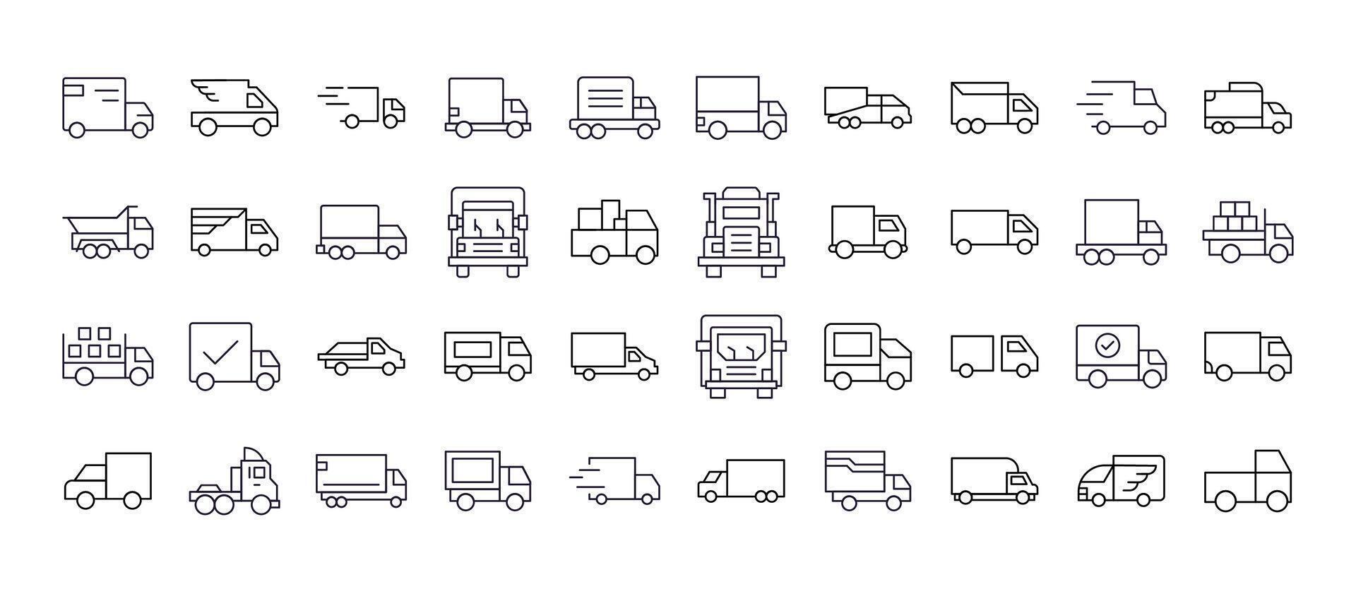 Van and Truck Thin Line Icon Set. Outline Signs for Graphic and Web Design, Apps, Adverts, Various Cards vector