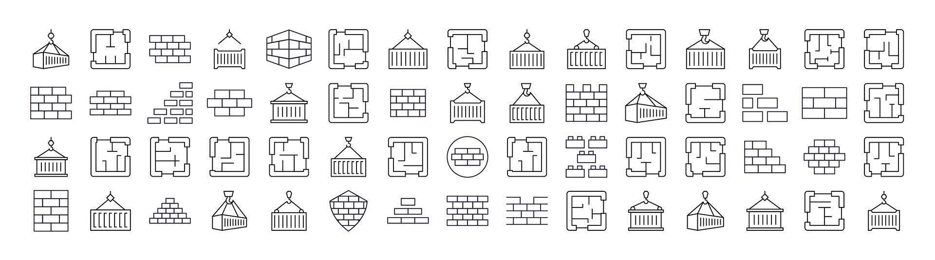 Brick Wall, Floor Plan, Building Line Icon Collection. Outline Signs for Graphic and Web Design, Apps, Adverts, Various Cards vector