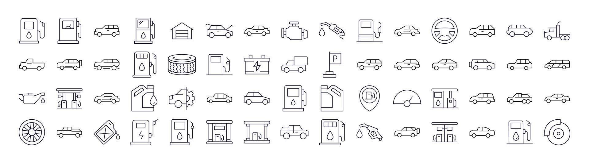 Car, Gas Station, Road Line Icon Bundle. Outline Signs for Graphic and Web Design, Apps, Adverts, Various Cards vector