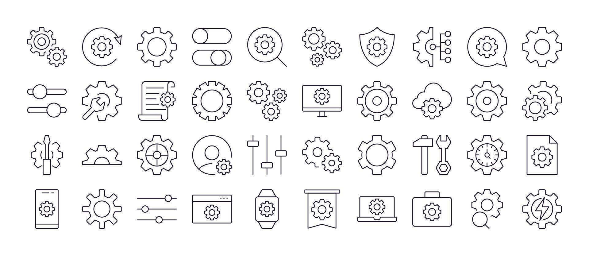 Cogwheel and Gear Related Icon Set. Editable Stroke. Perfect for Web Sites, Books, Cards, Apps vector