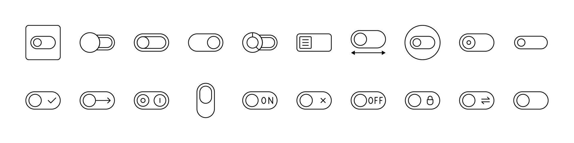 On Off, Switch Thin Line Icon Set. Outline Signs for Graphic and Web Design, Apps, Adverts, Various Cards vector