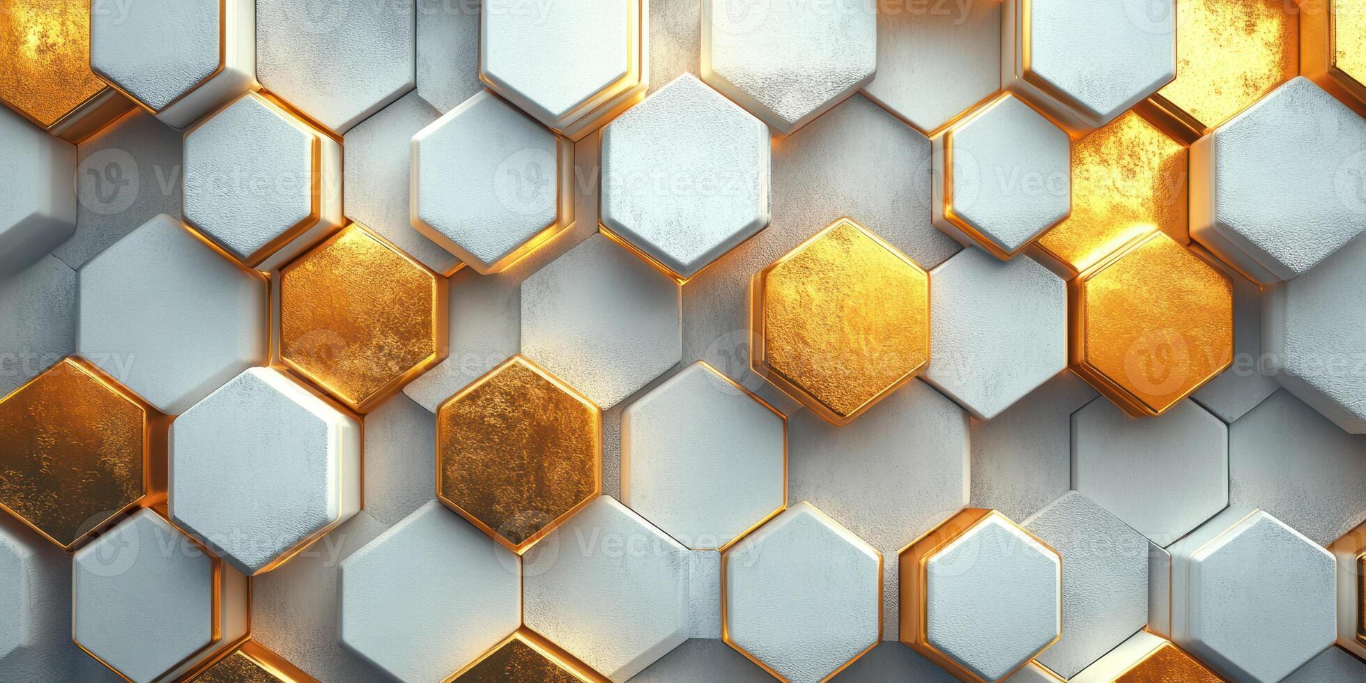 Stunning geometric pattern featuring white and gold hexagonal shapes in artistic arrangement photo
