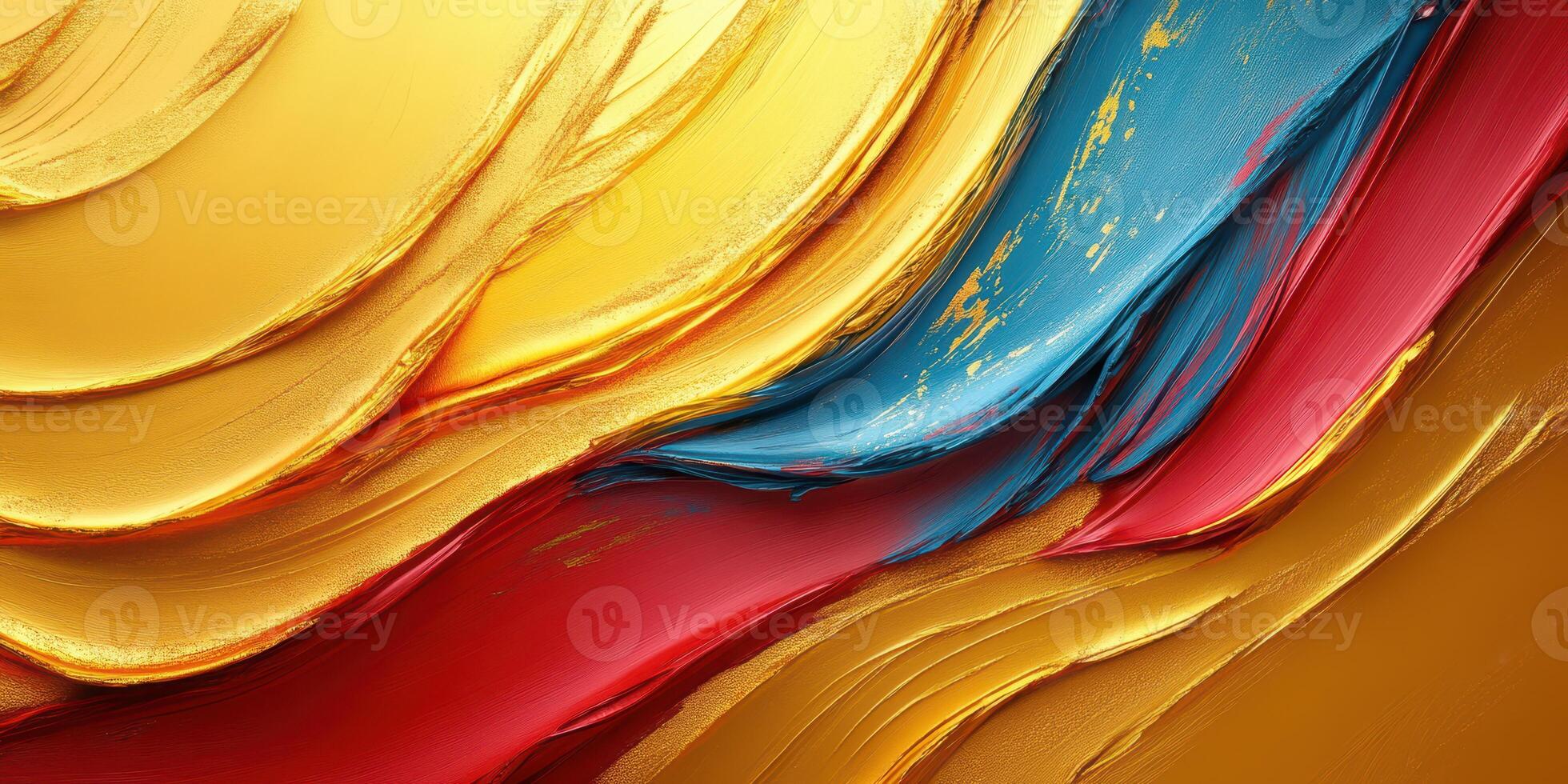 Vibrant abstract artwork showcasing smooth brush strokes in gold, blue, and red tones with dynamic textures photo