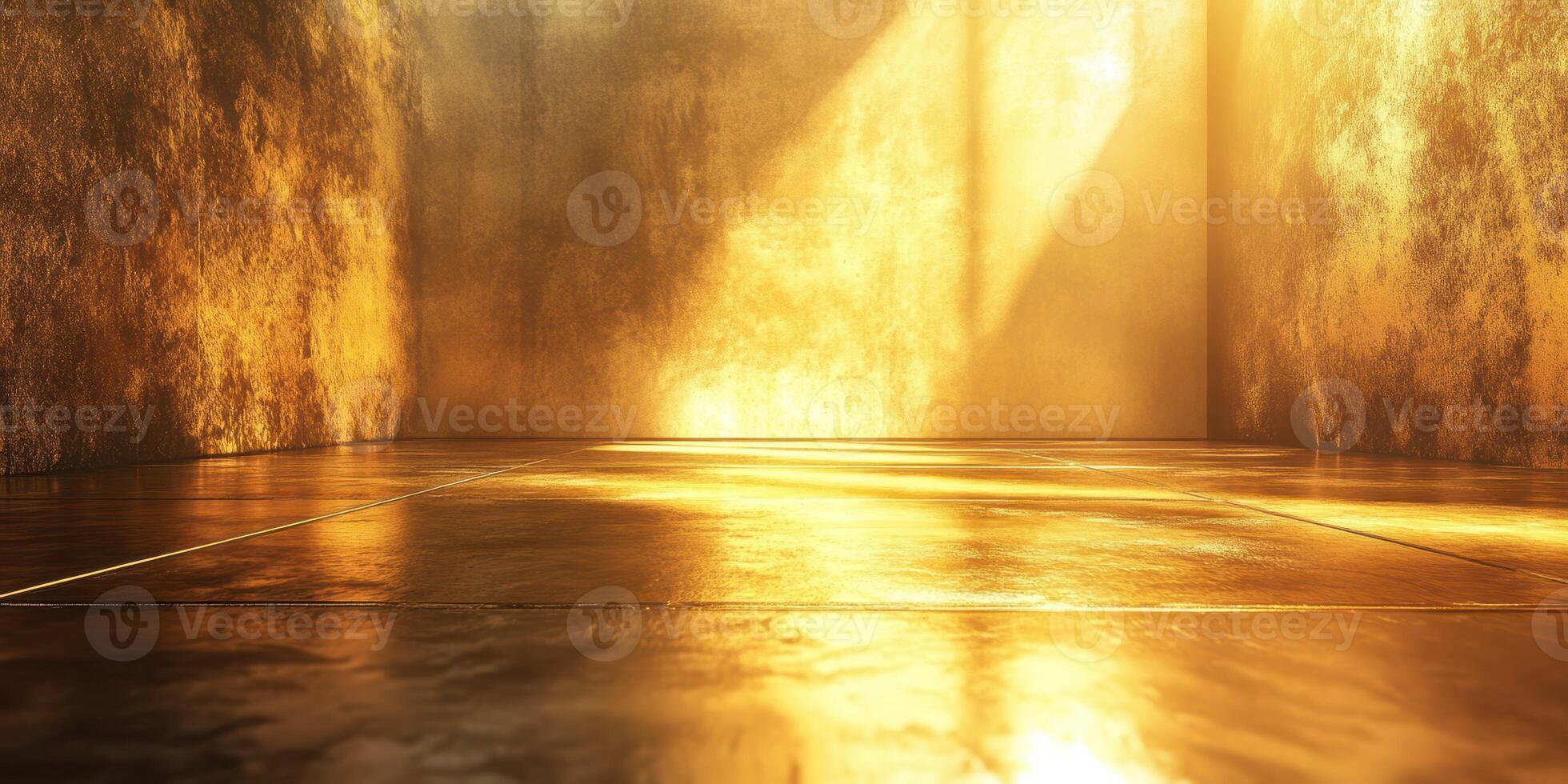Warm golden light fills an empty room with reflections on the polished floor during late afternoon photo