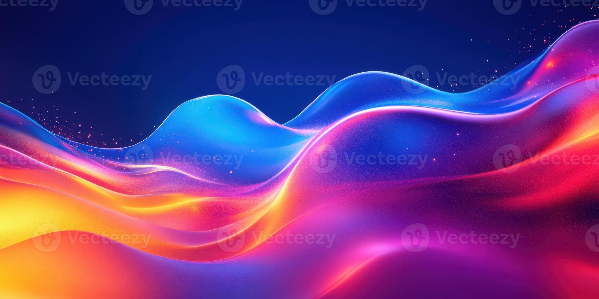 Vibrant waves of color dance across a deep blue background during a luminous digital art display in a modern space photo