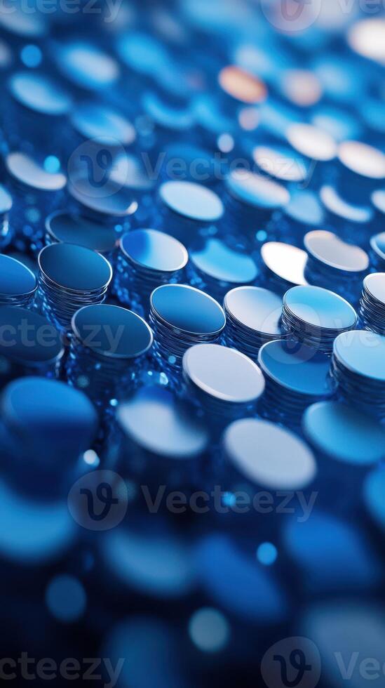 Blue metallic coins arranged closely, reflecting light and creating a textured pattern of shine and depth across the surface photo