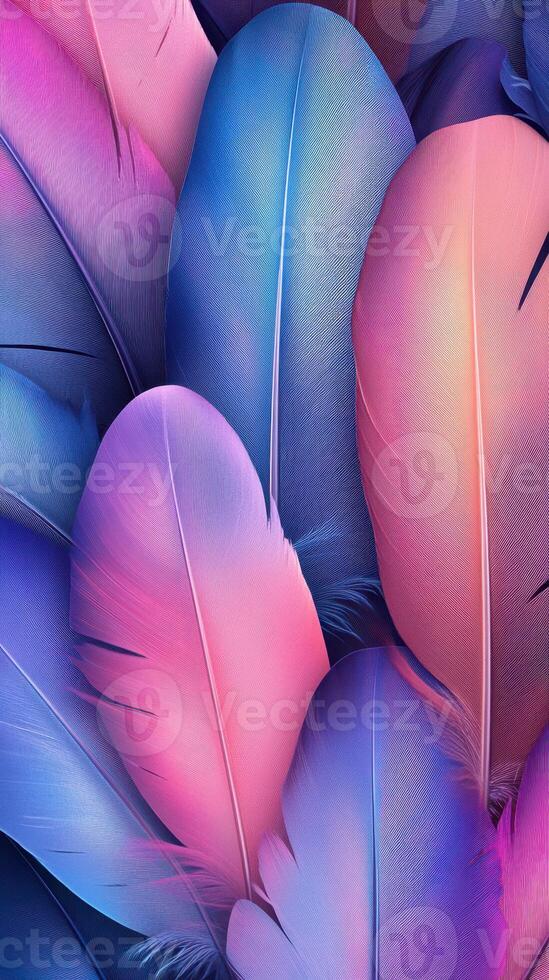Colorful feathers in gradient shades of pink and blue arranged artistically for a vibrant decorative effect photo