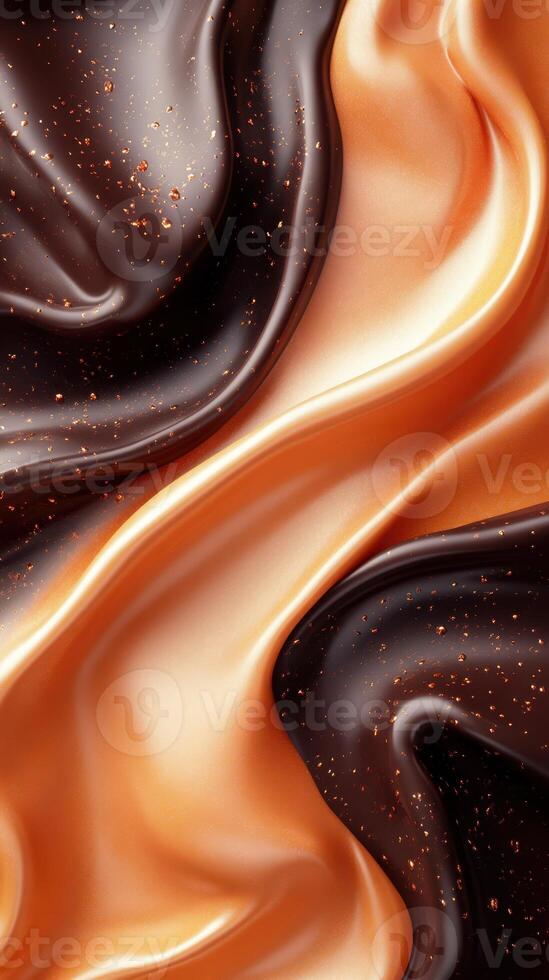 Swirling patterns of deep brown and vibrant orange create a mesmerizing abstract design with a glossy finish photo