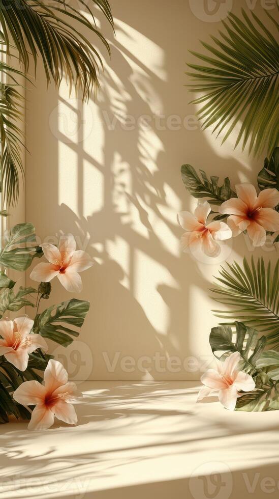 Tropical floral arrangement with light and shadows in a serene indoor setting during daytime photo