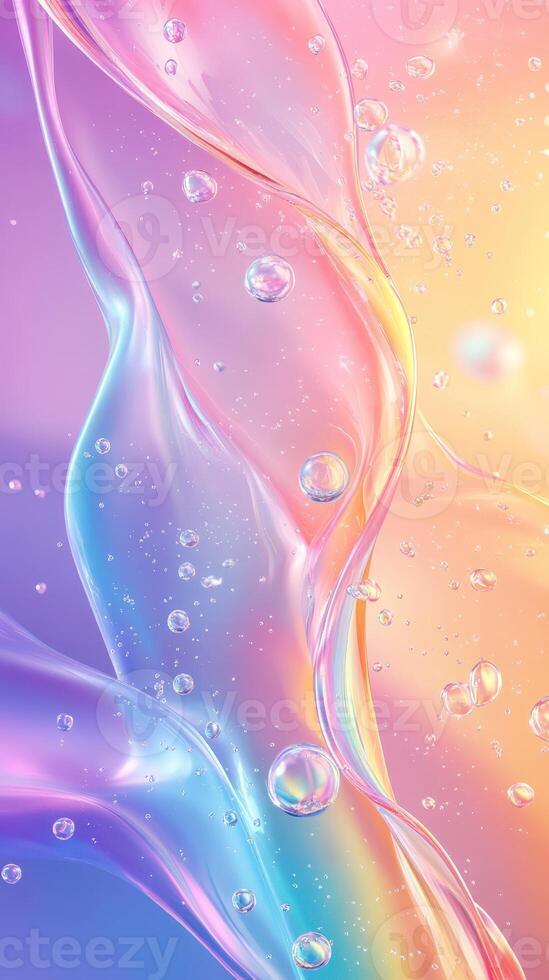 Colorful abstract background featuring flowing liquid and bubbles with a gradient effect in soft pastel hues photo