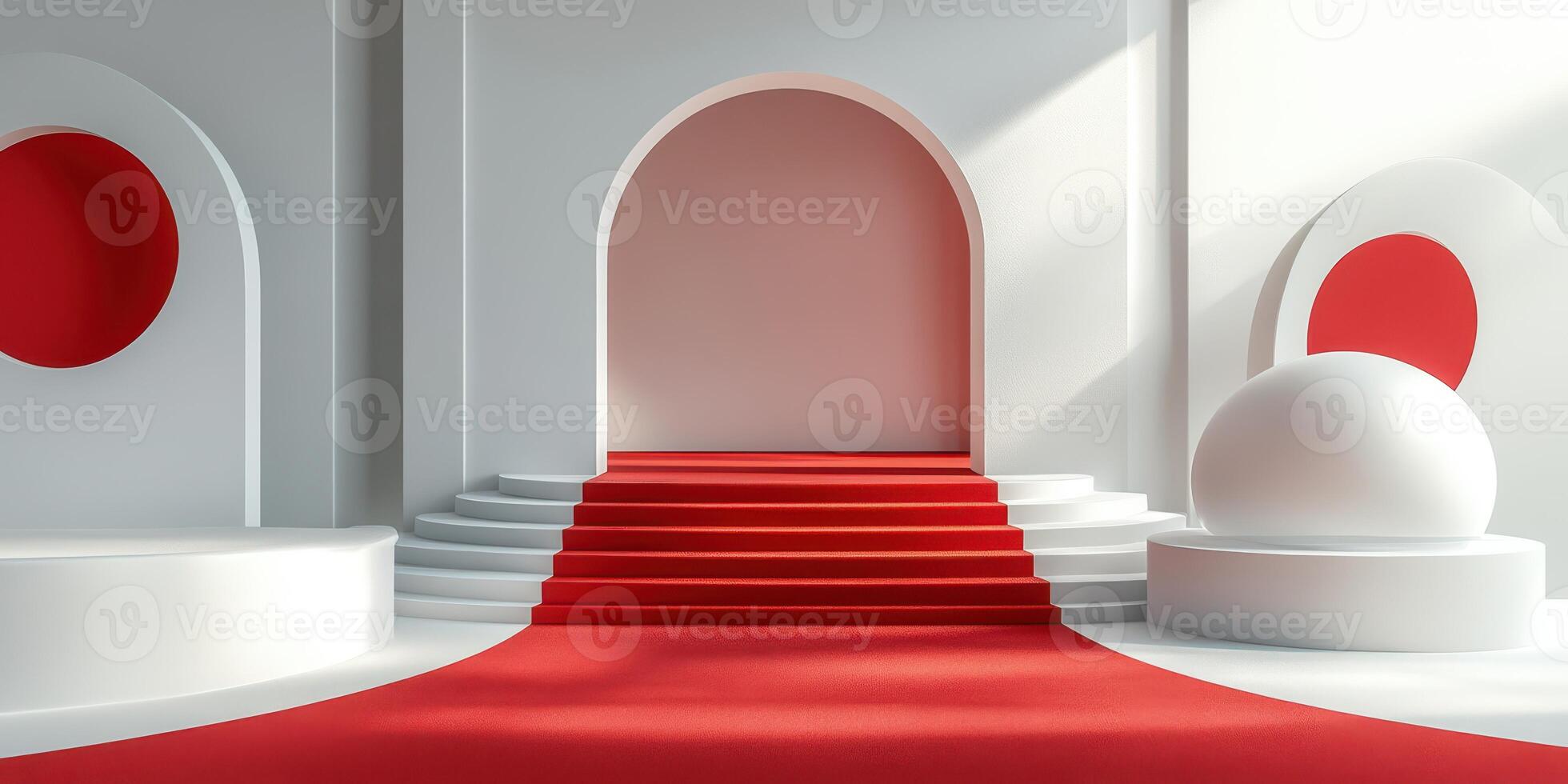 Modern architectural stage design featuring red accents in a minimalist space with geometric shapes photo