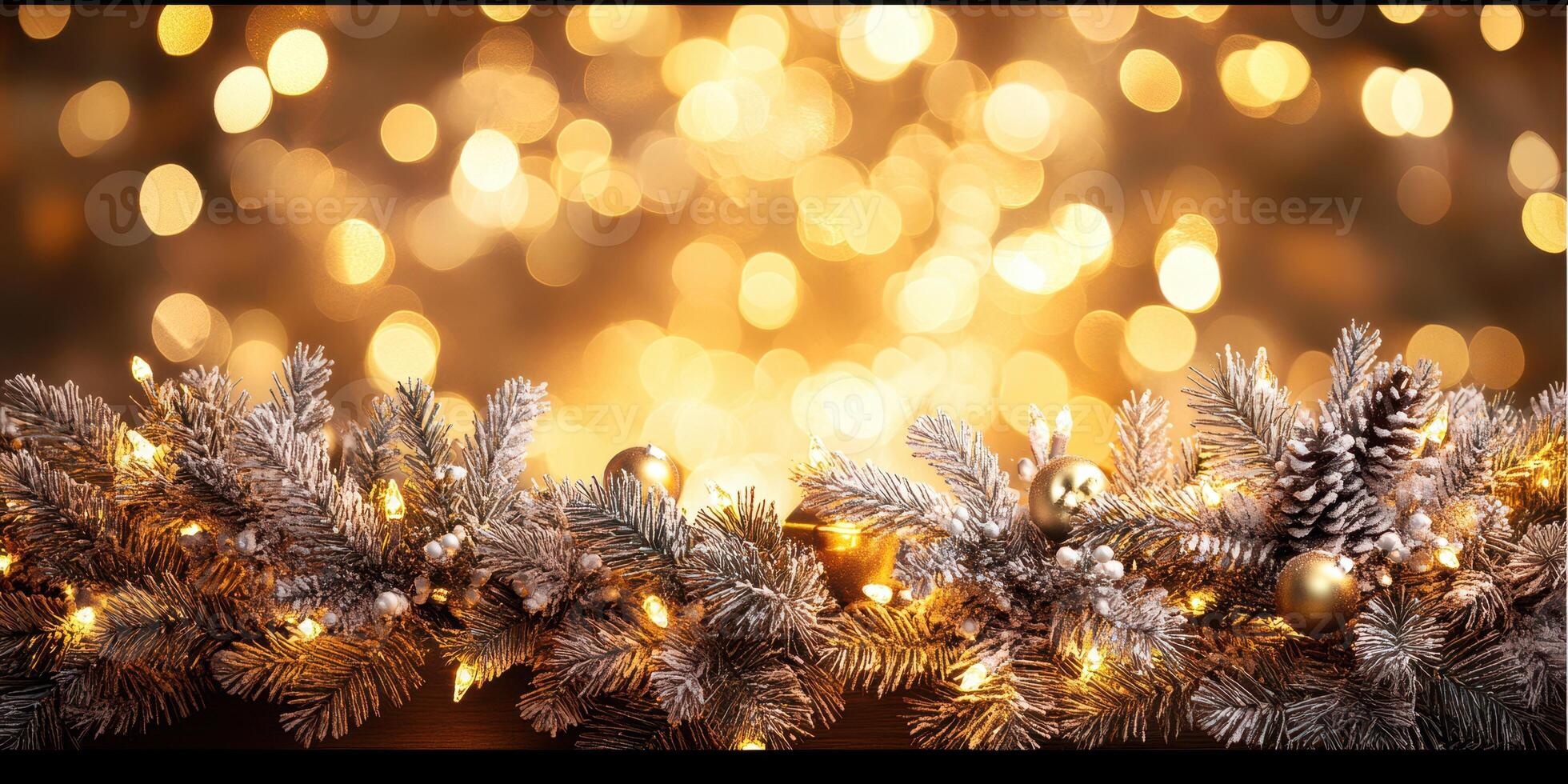 Beautiful holiday decoration with golden lights and festive greenery creating a warm atmosphere photo