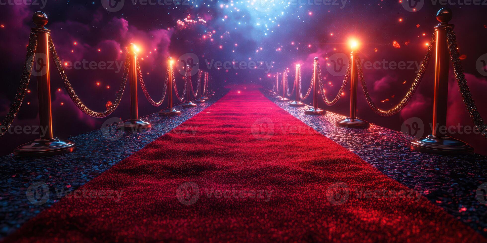Red carpet leads to a magical setting with glowing lights in a starry night background photo