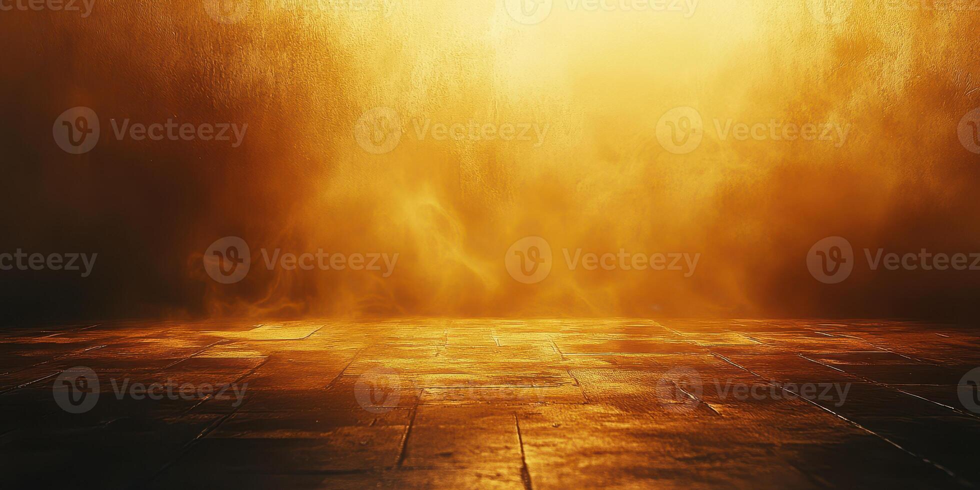 Golden haze envelops the stone floor creating a mystical atmosphere during twilight hours photo