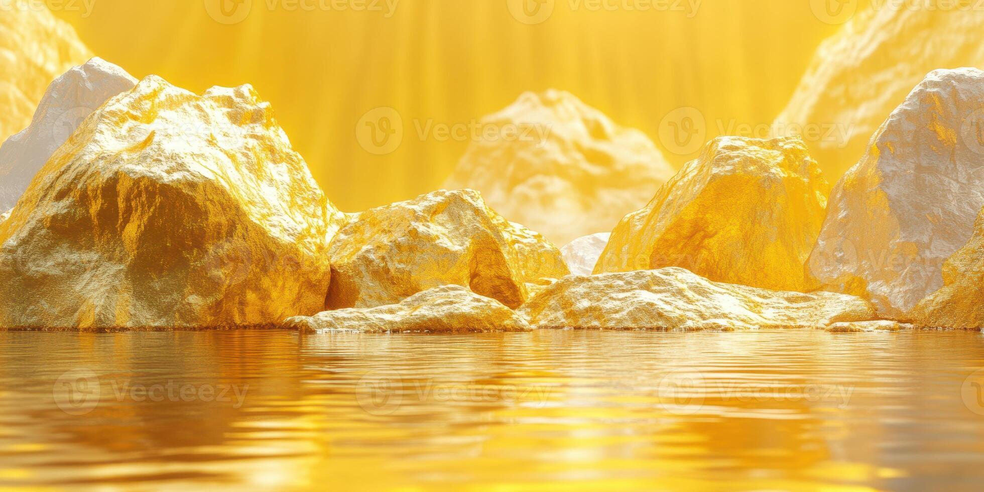 Golden rocks reflect sunlight on tranquil water in a surreal landscape during midday photo