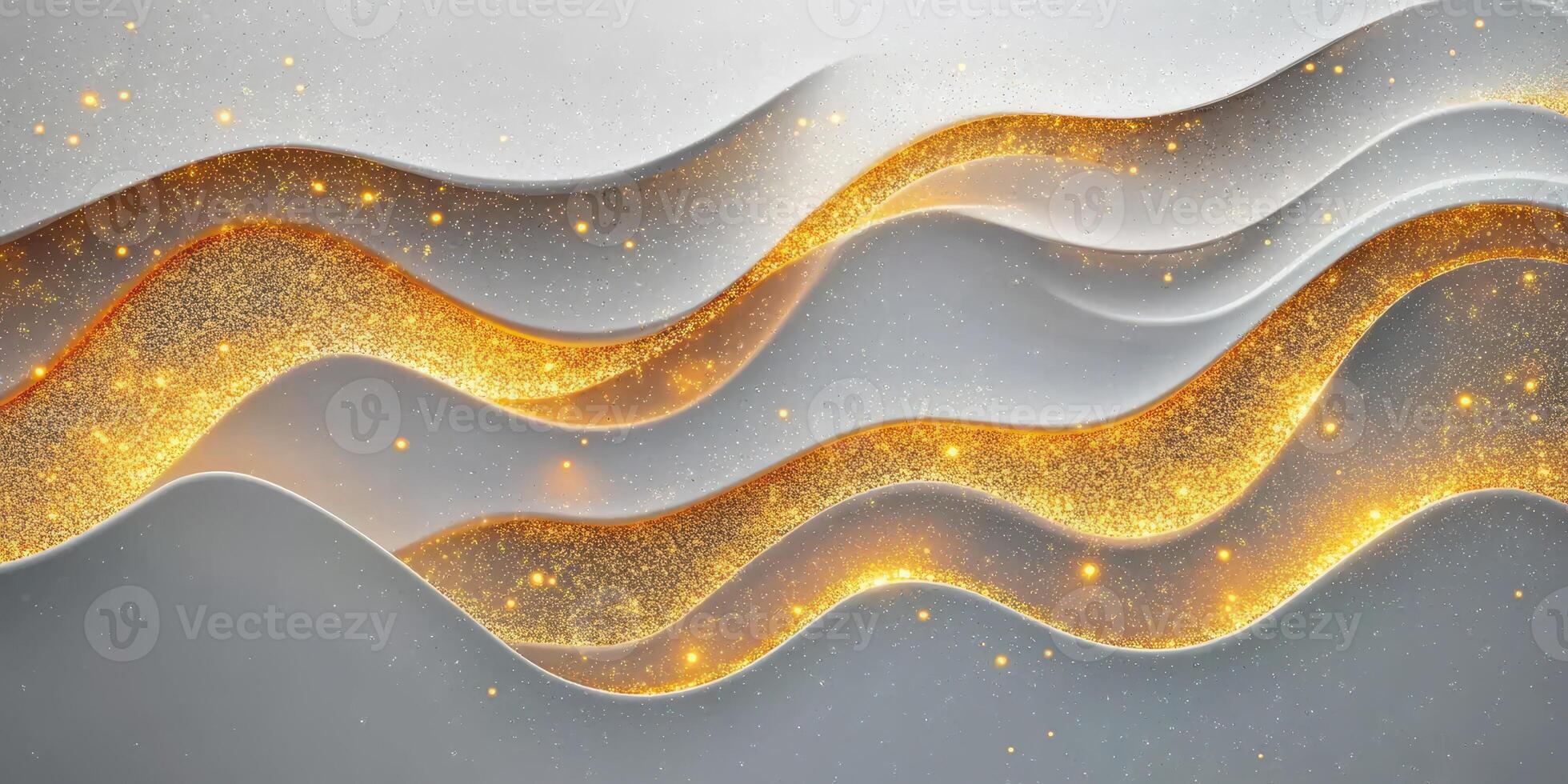 Dynamic waves of golden glitter flow across a soft gray surface in an abstract composition photo