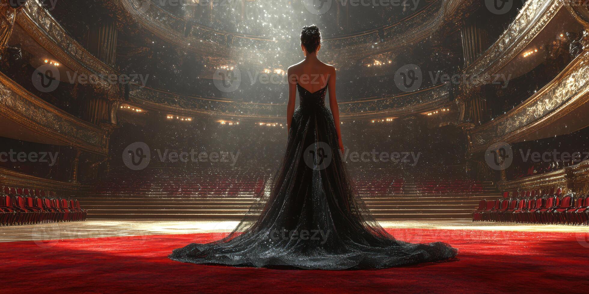 Elegant performer stands in stunning black gown on theater stage before a captivated audience photo