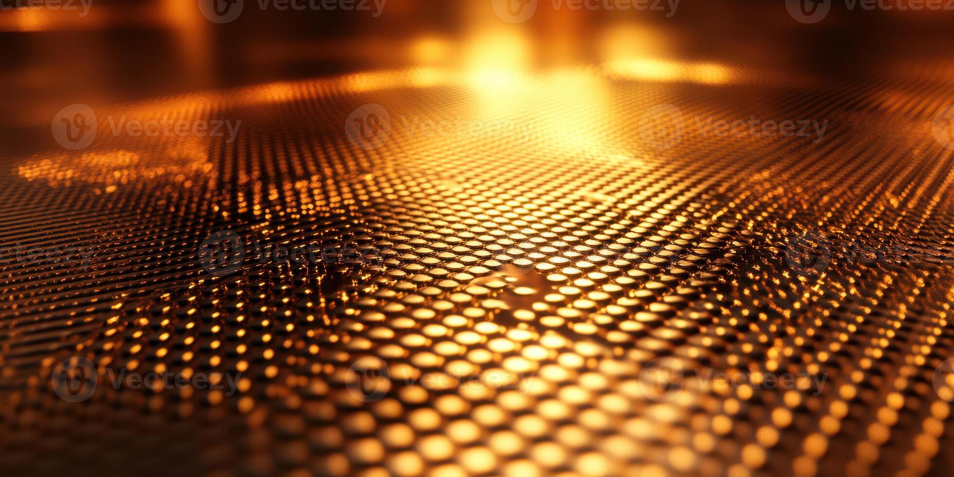 Reflective metallic surface with a warm glow showcasing intricate patterns and textures in soft lighting photo