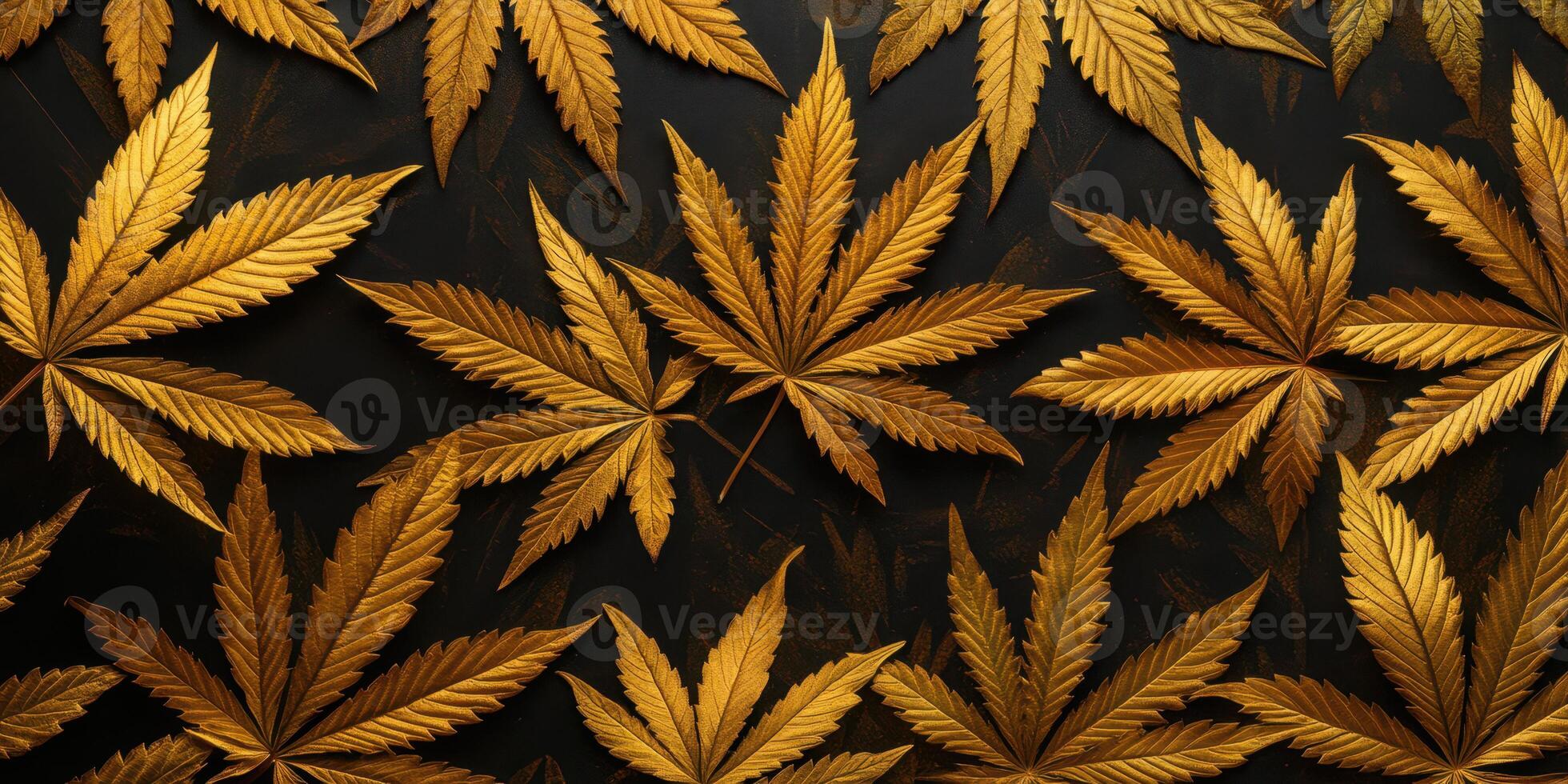Golden cannabis leaves scattered on a dark background create a vibrant and striking visual contrast photo