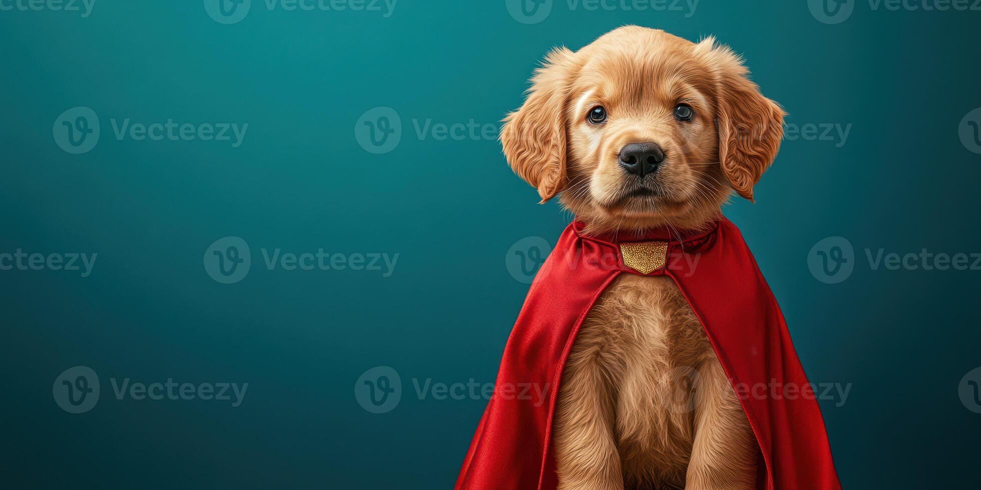 Golden retriever puppy in a red cape poses heroically against a blue backdrop photo