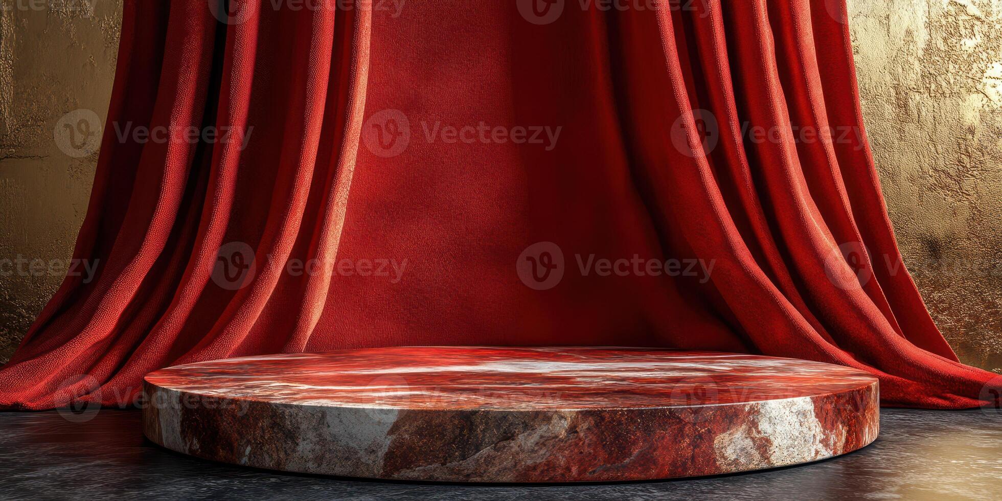 Elegant red velvet backdrop with a circular stone platform for theatrical performances in a well-lit space photo