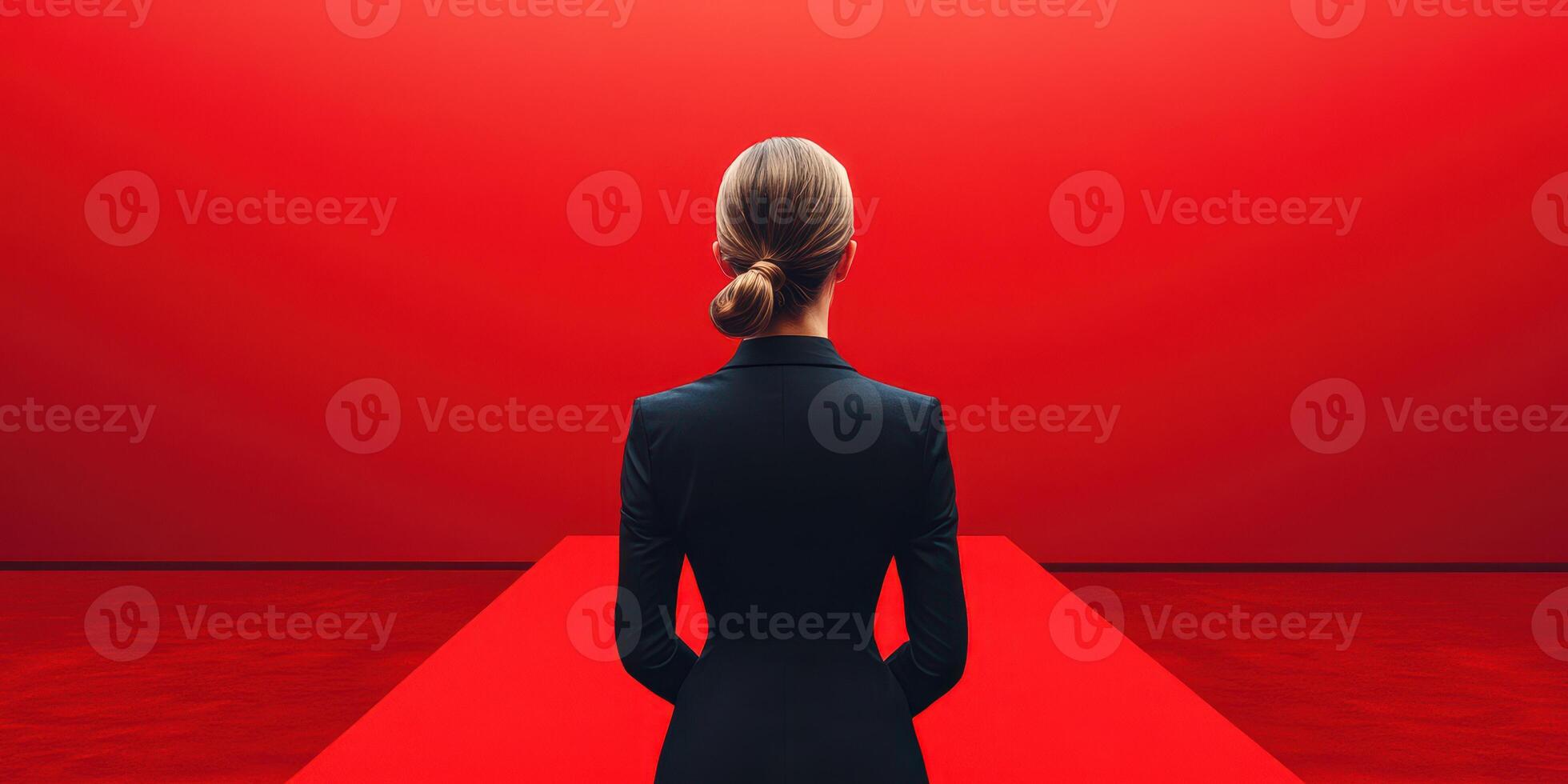 Woman in black suit standing against a vivid red background, preparing for a presentation or performance in a modern space photo