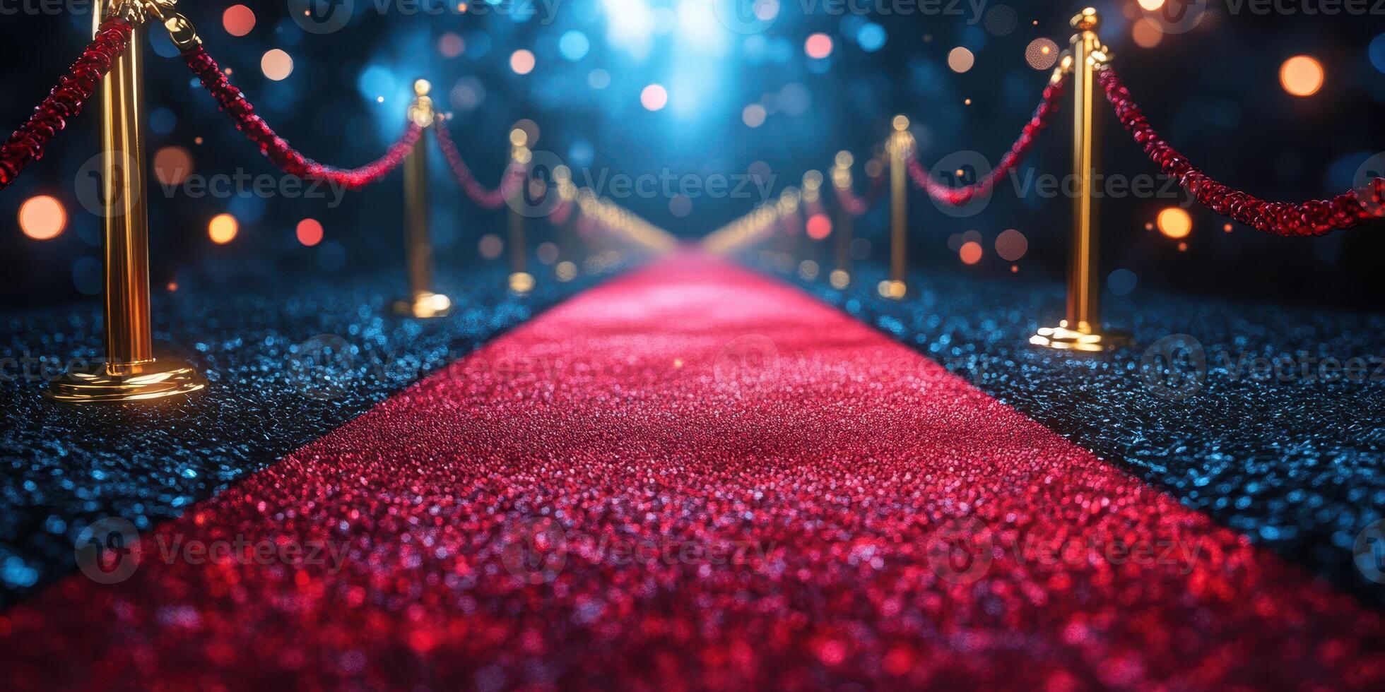 Elegant red carpet setup with golden barriers and sparkling lights for an upscale event at night photo