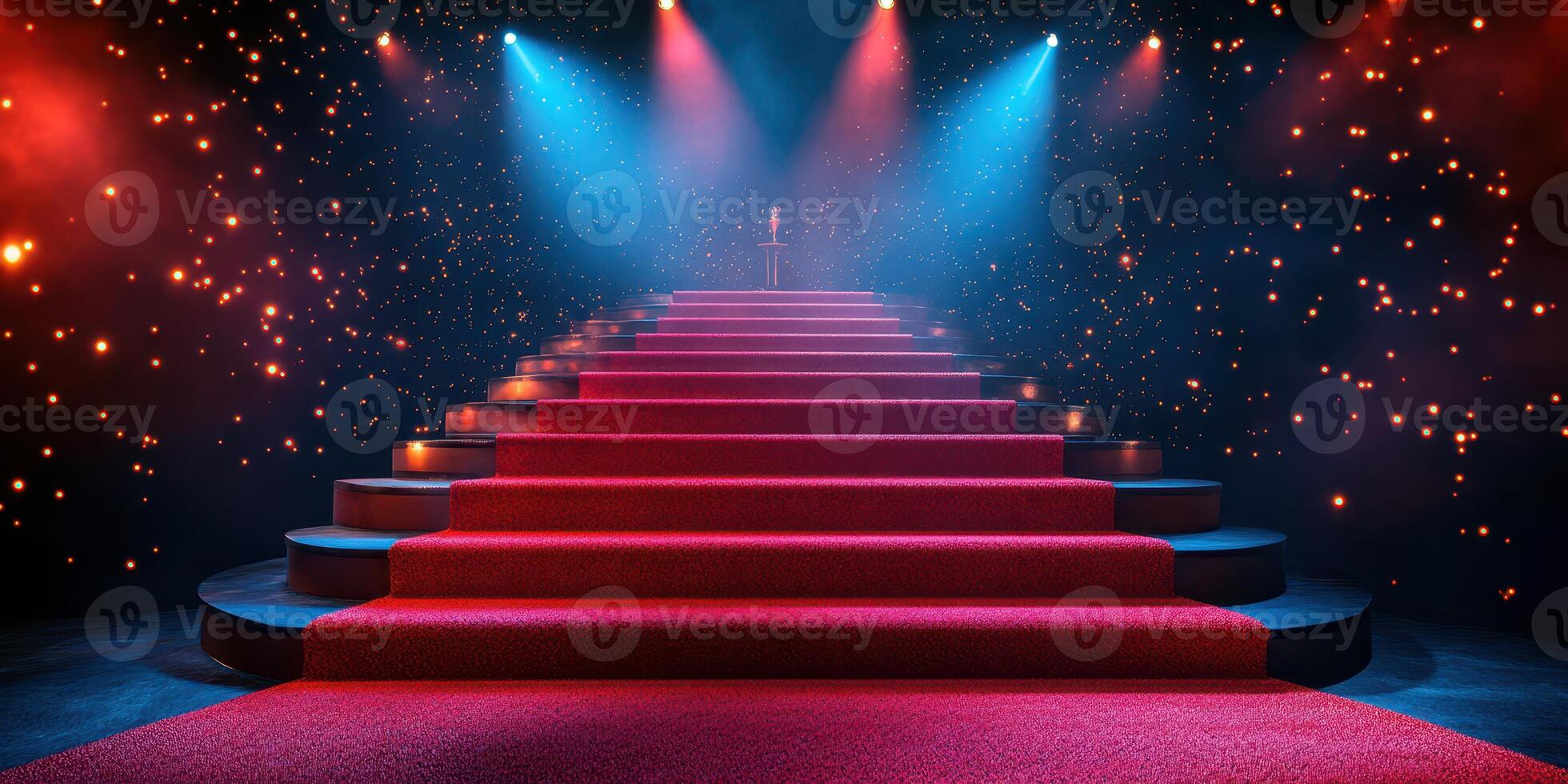 Red carpet steps lead to a spotlighted podium in a glamorous setting filled with soft lighting and a starry backdrop photo