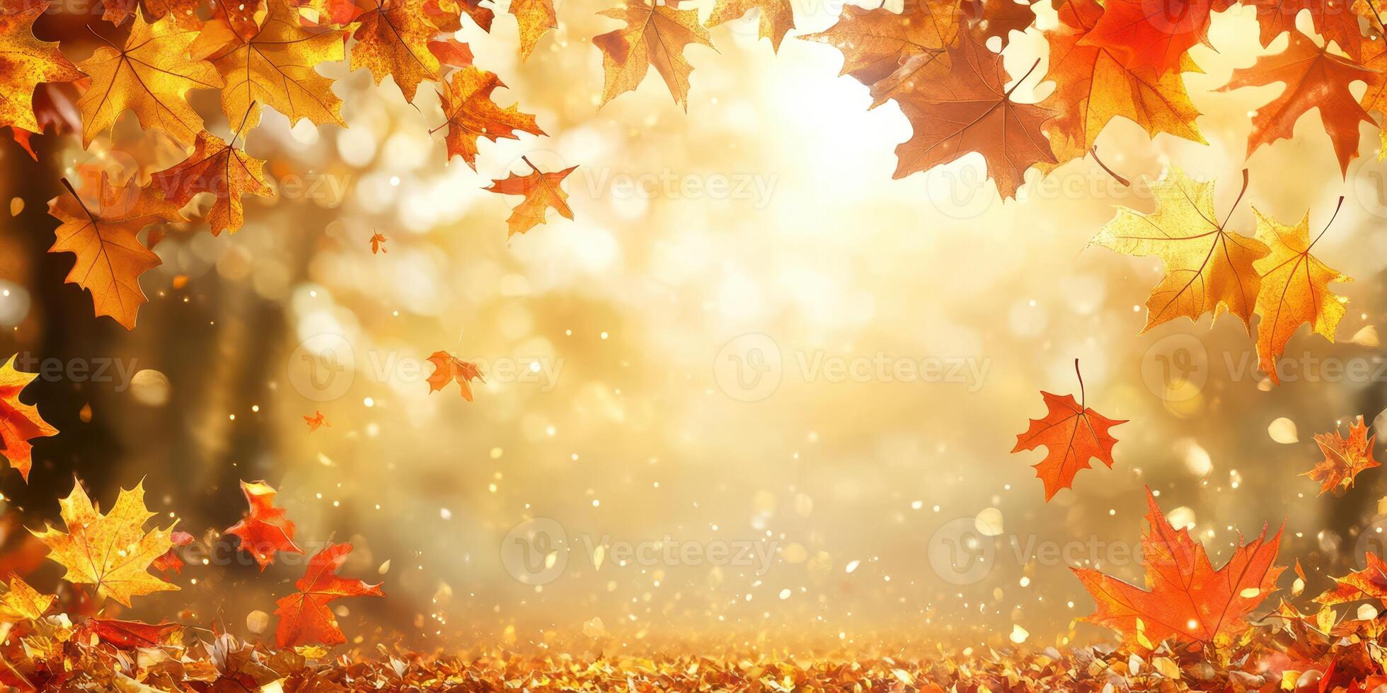 Autumn leaves falling in a golden forest with sunlight filtering through the trees photo