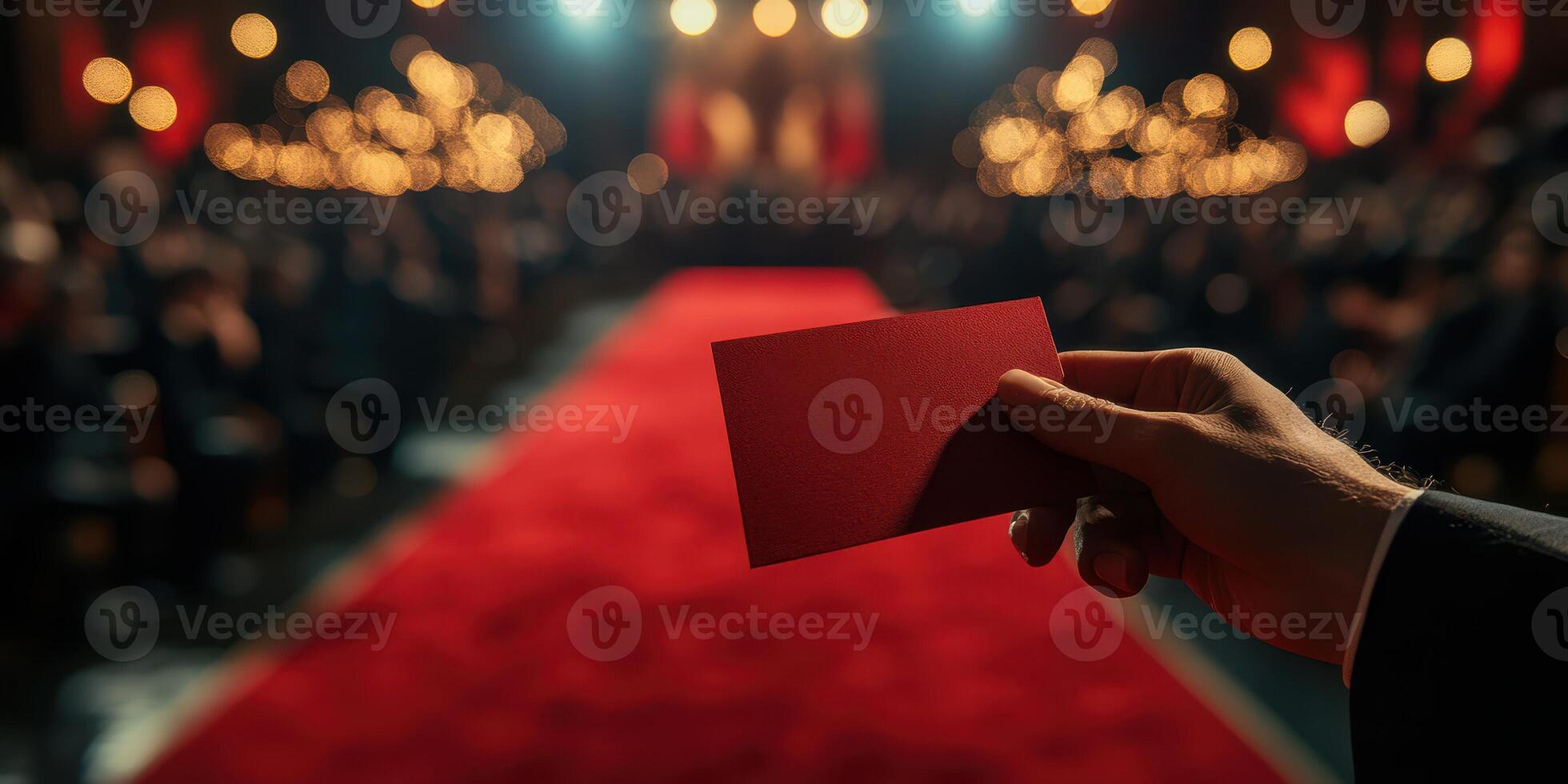 Hand holding a red card in a glamorous event venue with a focus on a red carpet and blurred audience in the background photo