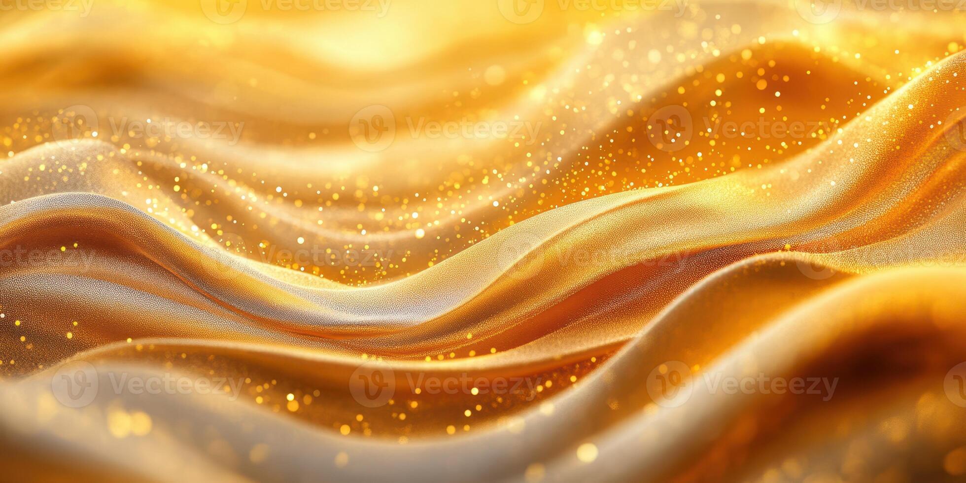 Golden fabric waves illuminated by soft light create a shimmering texture conveying warmth and elegance photo