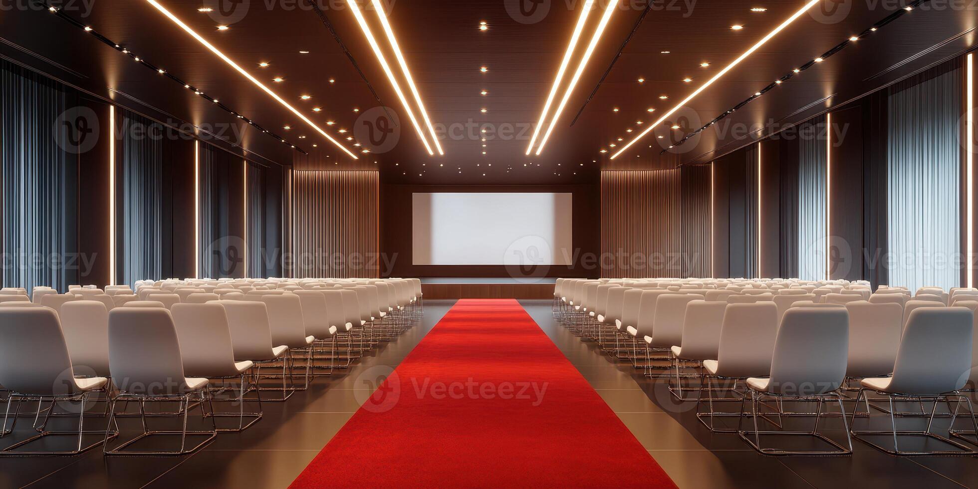 Elegant conference hall with modern design and red carpet for professional events in a well-lit space photo