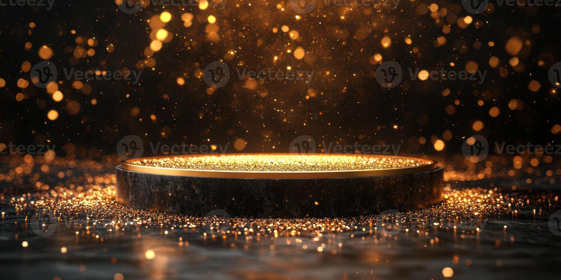 Golden sparkling platform illuminated by dazzling light particles in a dark atmosphere photo