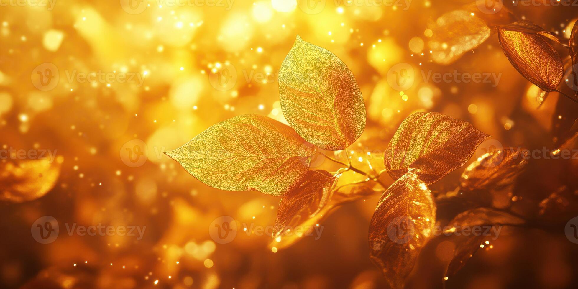 Golden autumn leaves shimmering in sunlight with a dreamy bokeh effect in a serene forest setting photo