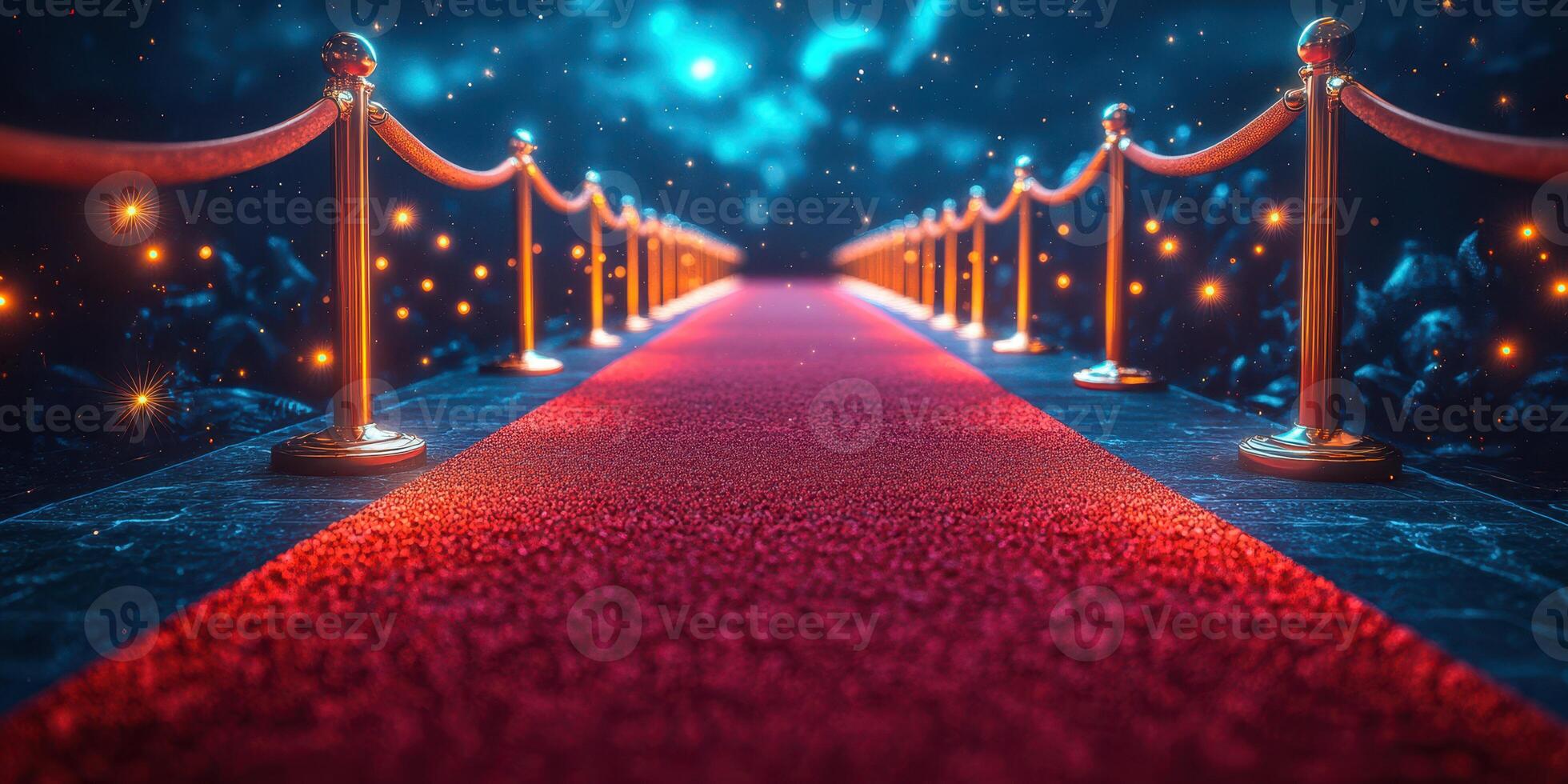 Red carpet leading through a glamorous entrance with elegant rope barriers amidst a starry atmospheric backdrop photo