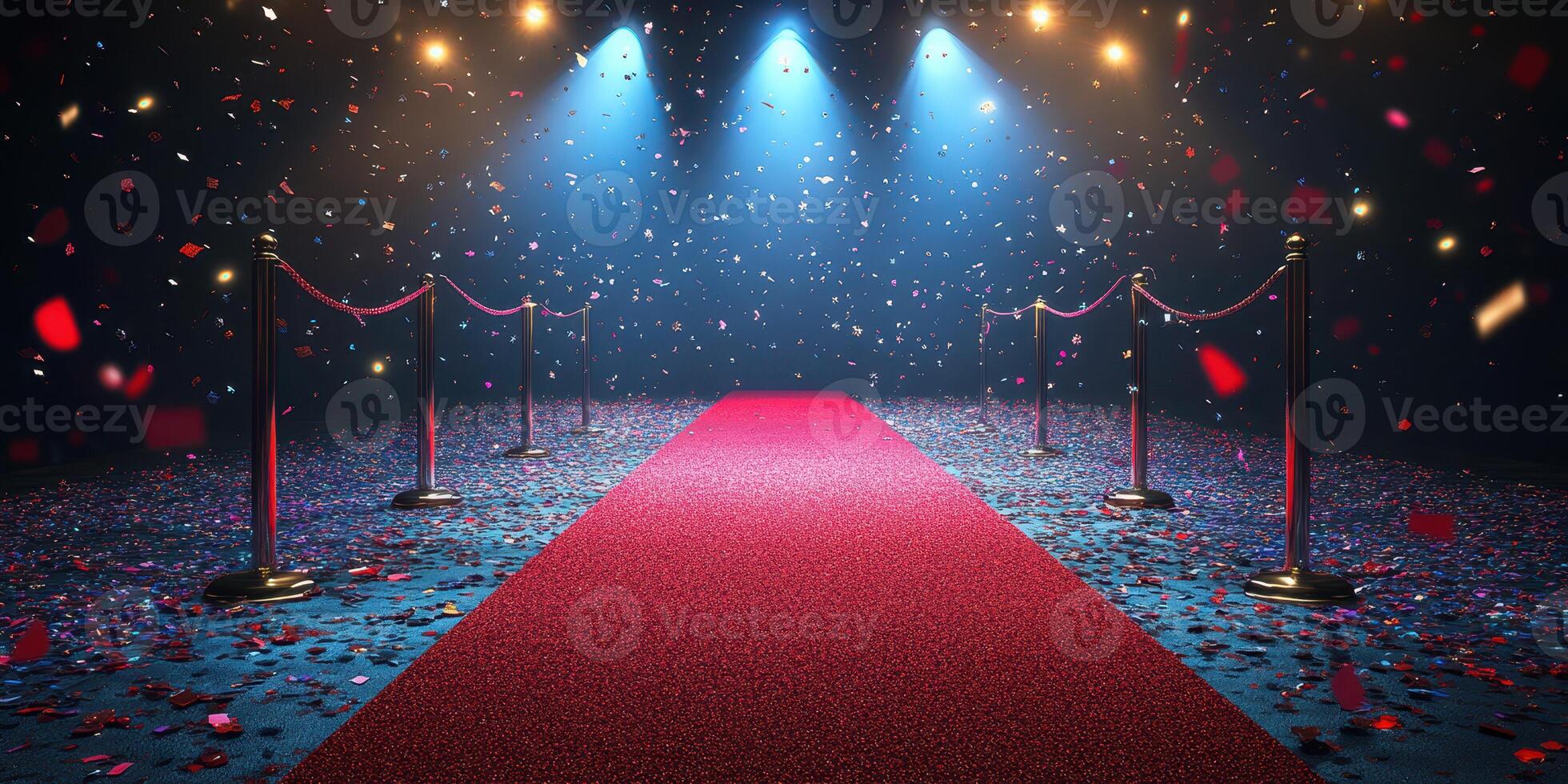 Festive awards ceremony with a red carpet lined by velvet ropes and confetti falling under bright stage lights photo