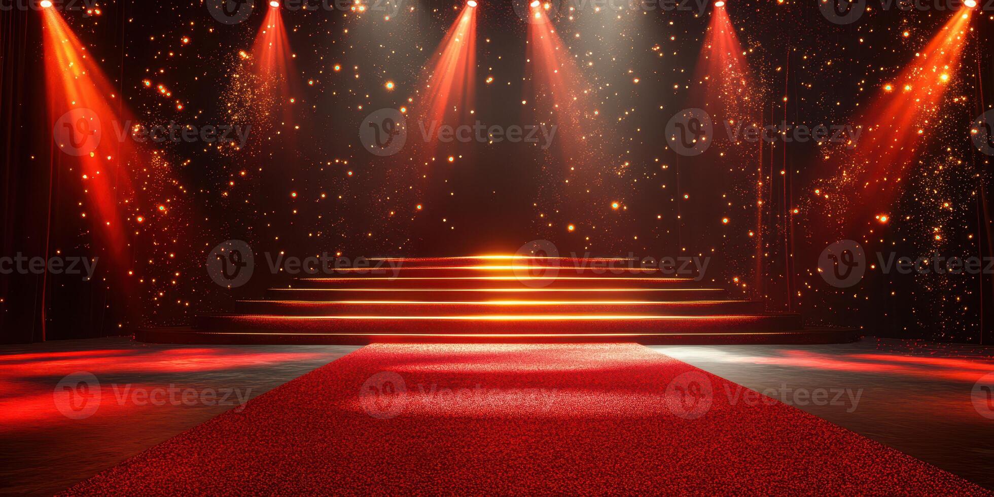 Illuminated stage with red carpet and sparkling background for performance or event taking place at night photo