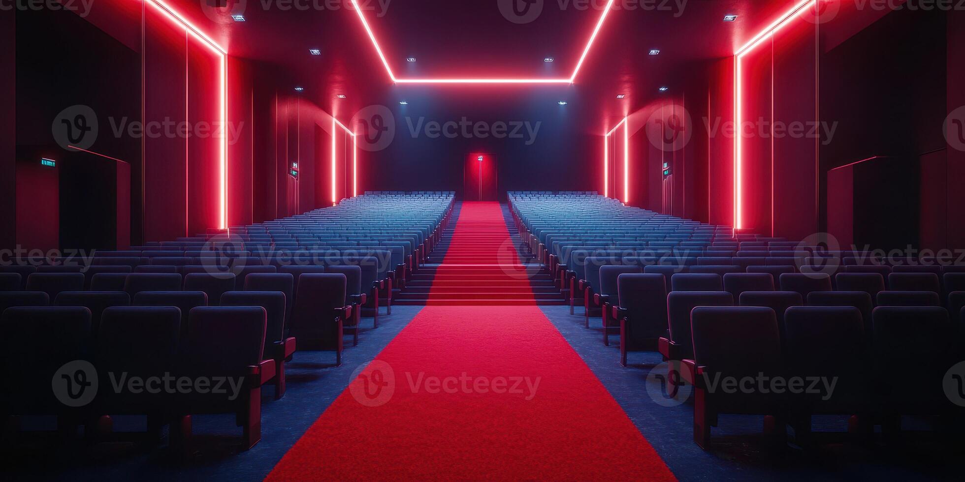Inviting interior of a modern cinema hall featuring colorful neon lights and plush seating designed for moviegoers photo