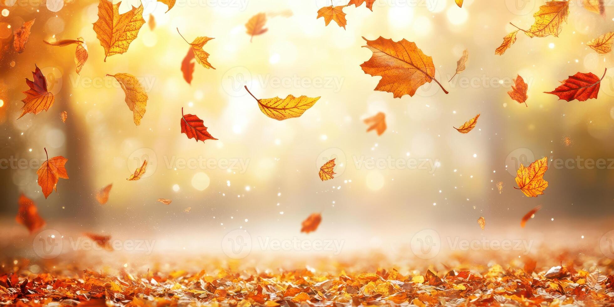 Beautiful autumn leaves falling gracefully in a sunlit forest setting during a tranquil afternoon photo