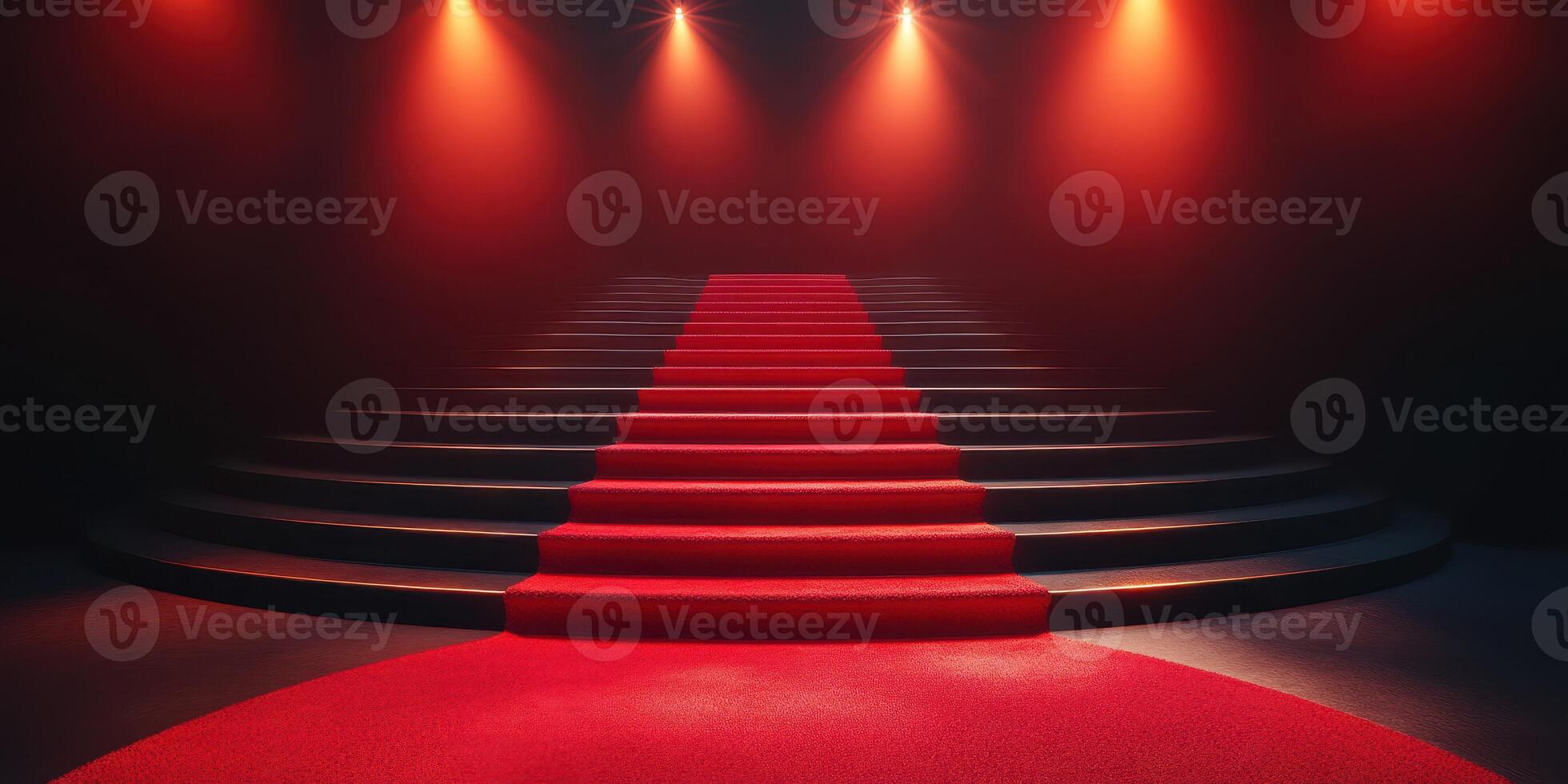 Elegant red carpet leading up a grand staircase in a dimly lit venue during an evening gala event photo