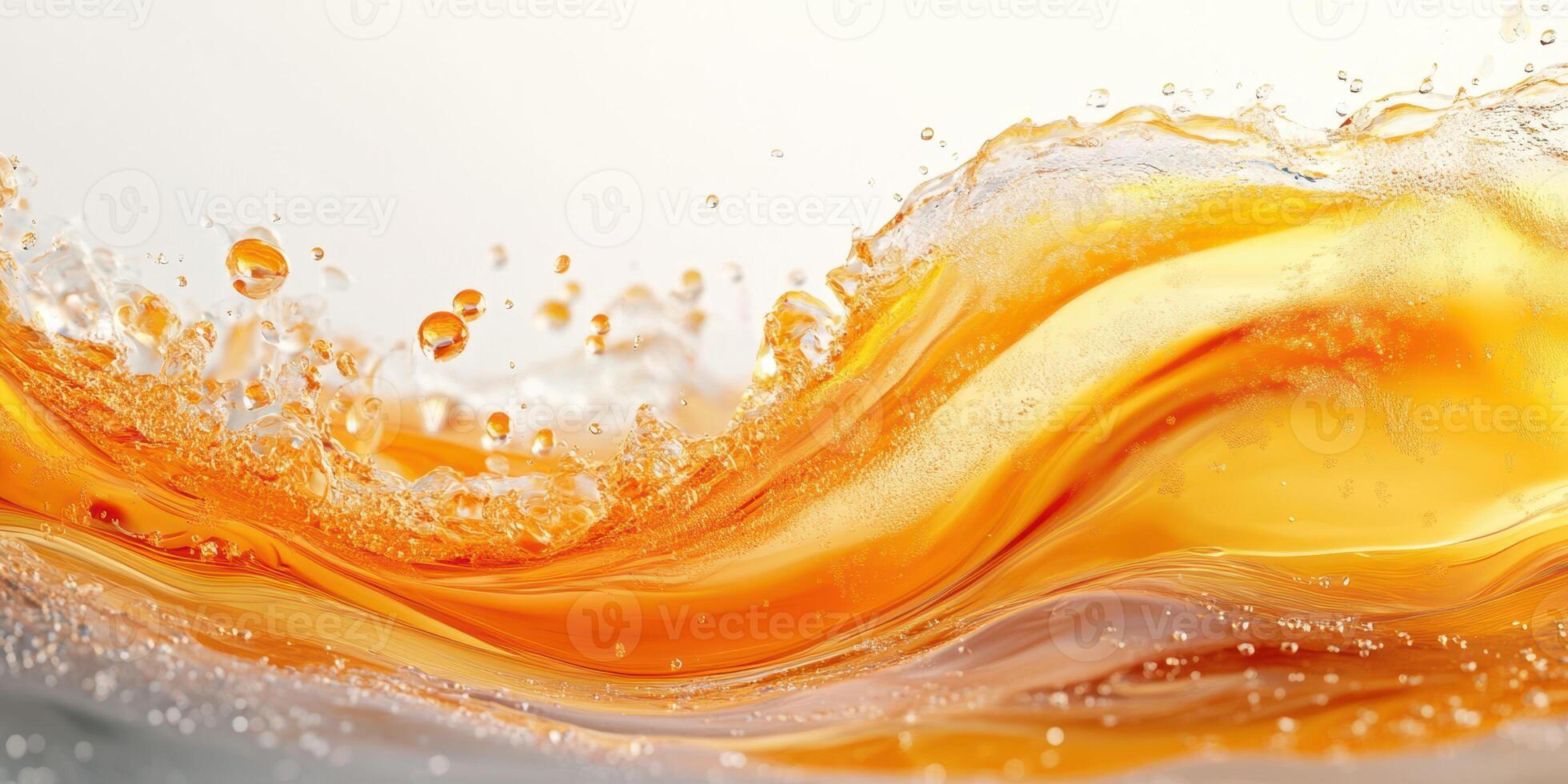 Effervescent amber liquid swirling in a dynamic motion against a bright background photo