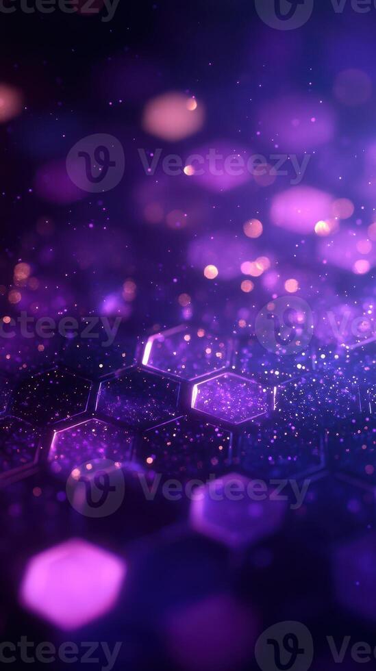 Colorful abstract background featuring hexagonal patterns and shimmering lights in purple hues photo